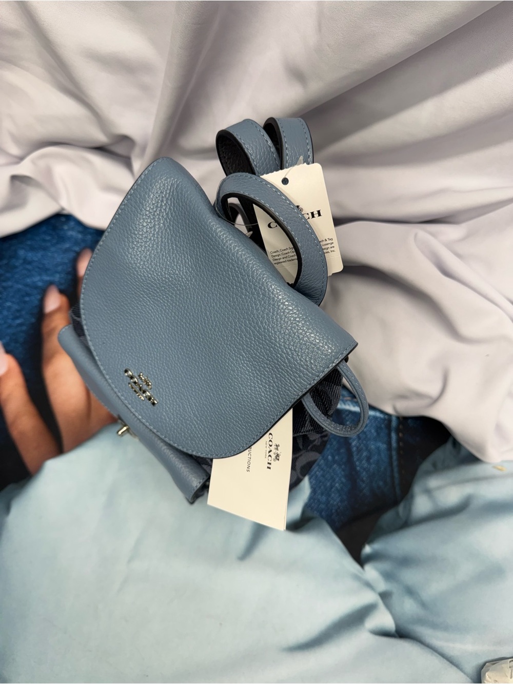 (new+tag) Coach Mini Backpack Denim Leather Light Blue /Navy Signature Monogram - Picture 9 of 15